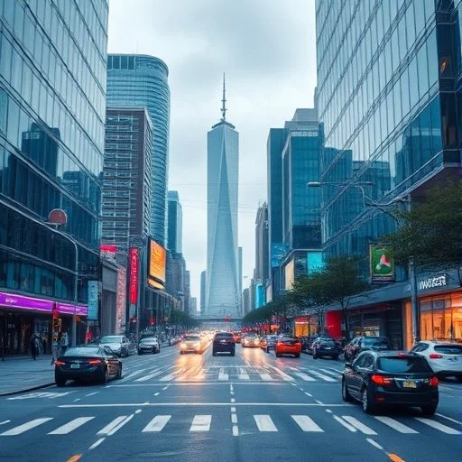 An ultra-modern, architecturally stunning cityscape at twilight, with digital data flows and serene advanced living depicted.